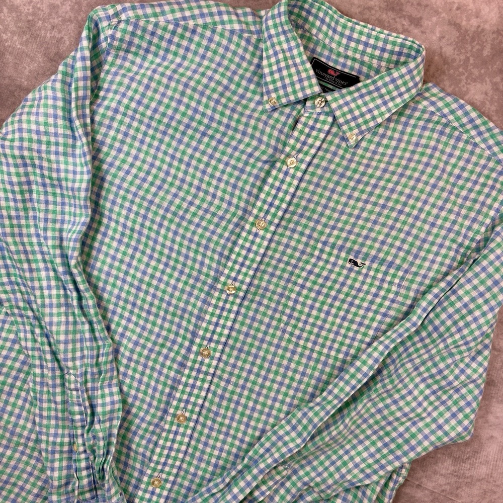 Vineyard‎ Vines Button Down Shirt Men's XL Green Plaid Classic Fit Tucker Linen